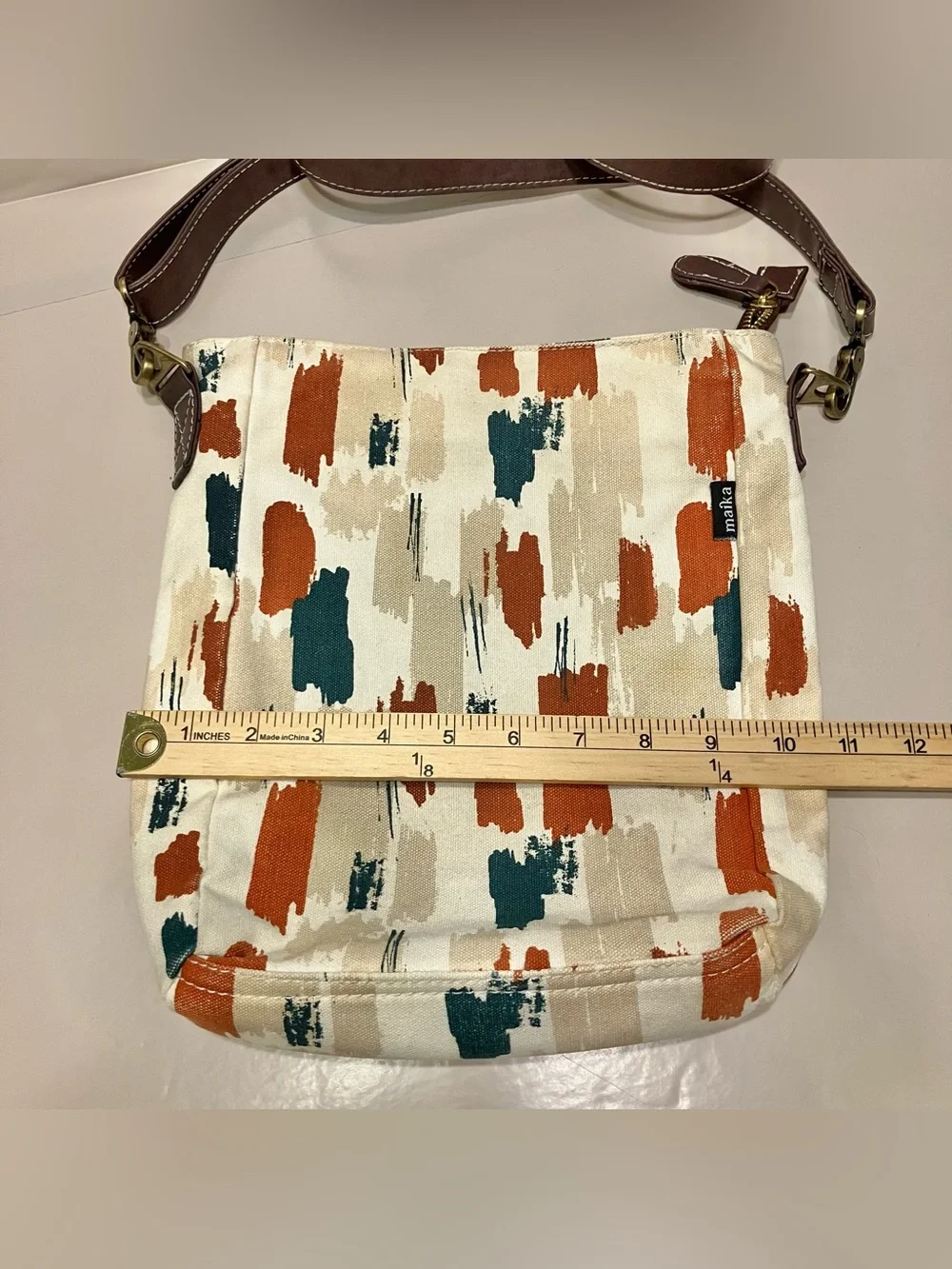 Maika Large Crossbody Purse Boho Bag Abstract Design‎ Vegan Brown Leather Strap